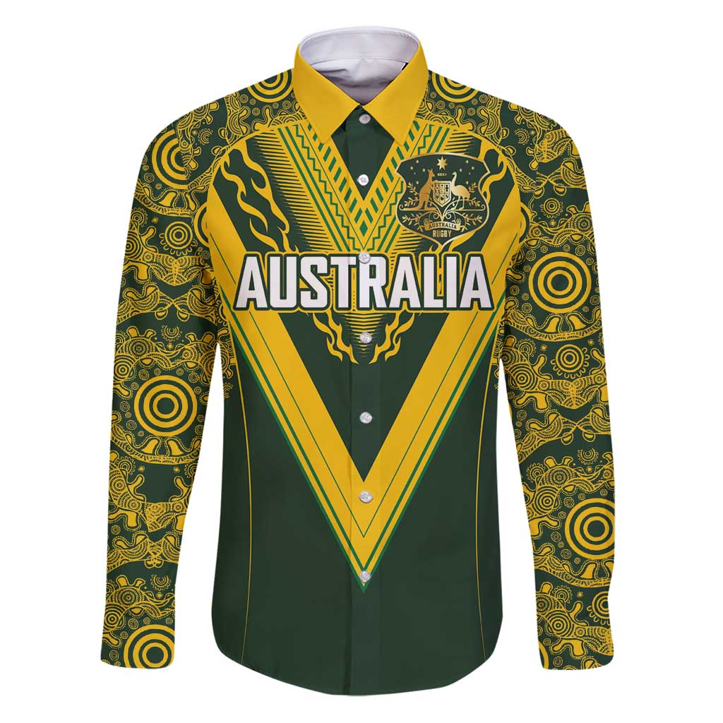 Australia Rugby Custom Family Matching Puletasi and Hawaiian Shirt Aboriginal Art Sporty Style LT03 Dad's Shirt - Long Sleeve Green - Polynesian Pride