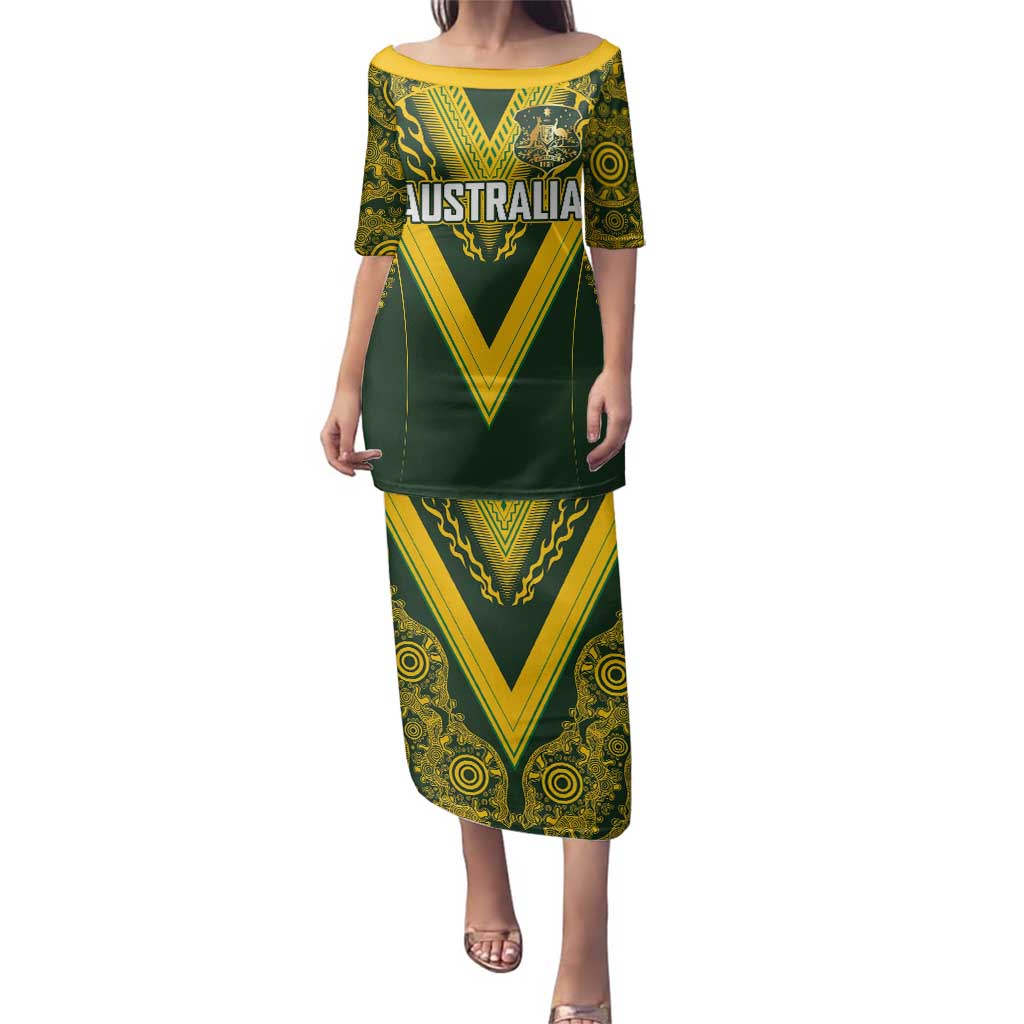 Australia Rugby Custom Family Matching Puletasi and Hawaiian Shirt Aboriginal Art Sporty Style LT03 Mom's Dress Green - Polynesian Pride