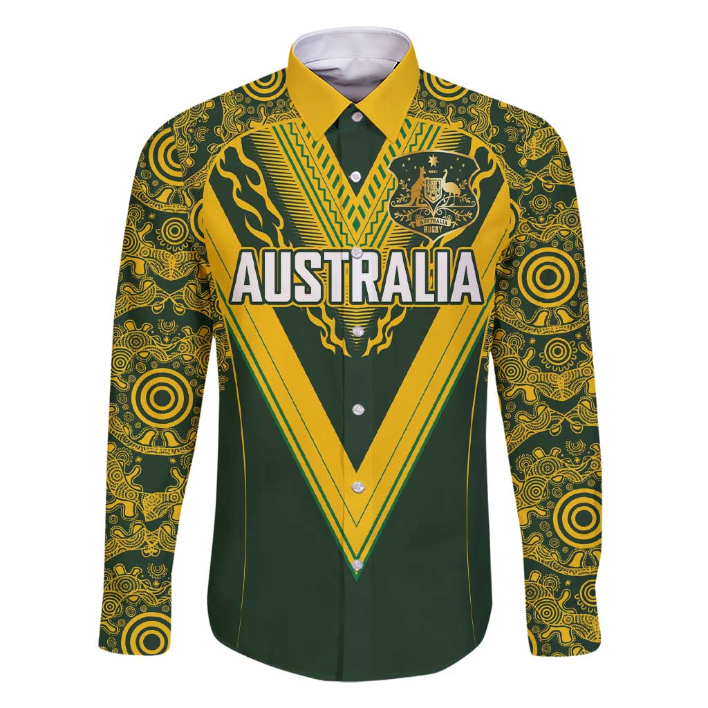 Australia Rugby Custom Family Matching Short Sleeve Bodycon Dress and Hawaiian Shirt Aboriginal Art Sporty Style LT03 Dad's Shirt - Long Sleeve Green - Polynesian Pride