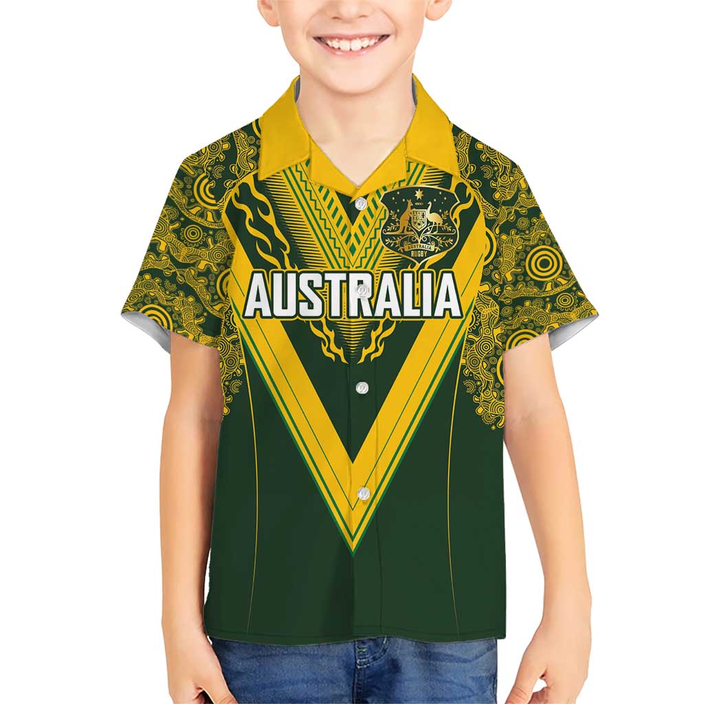 Australia Rugby Custom Family Matching Short Sleeve Bodycon Dress and Hawaiian Shirt Aboriginal Art Sporty Style LT03 Son's Shirt Green - Polynesian Pride