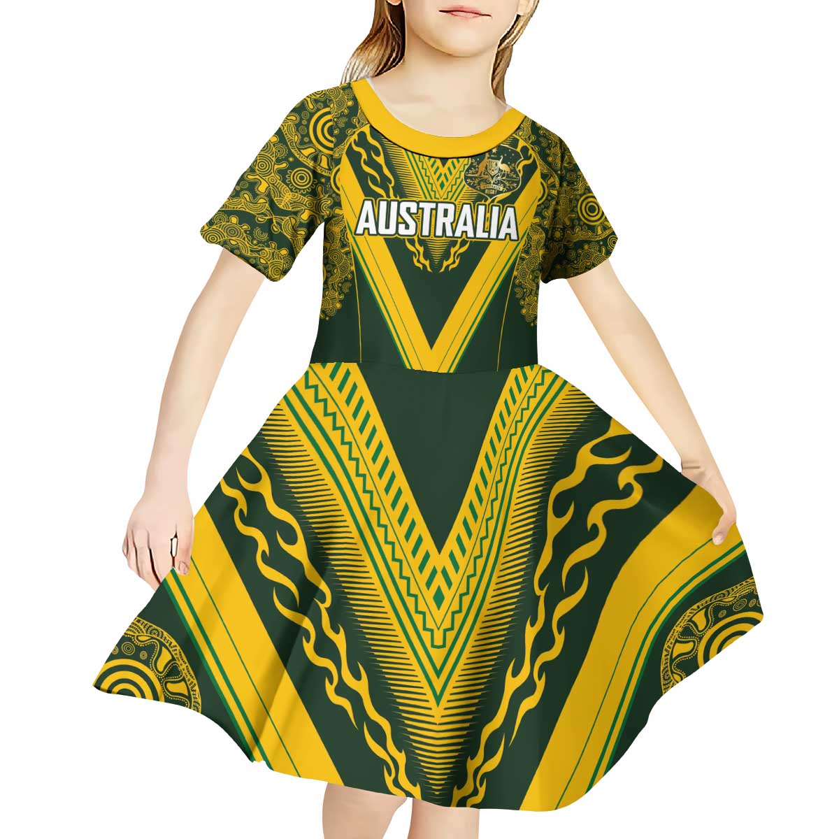 Australia Rugby Custom Kid Short Sleeve Dress Aboriginal Art Sporty Style - Polynesian Pride