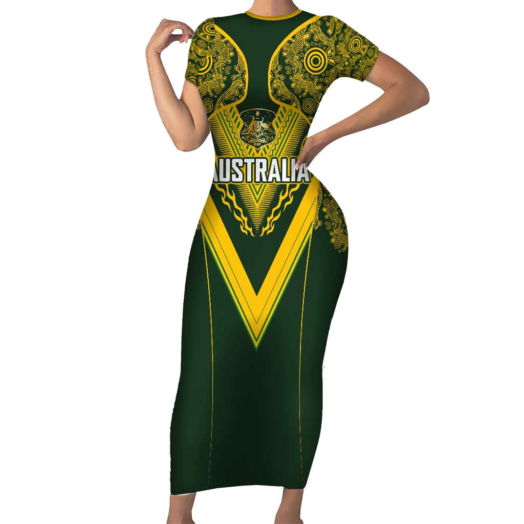 Australia Rugby Custom Short Sleeve Bodycon Dress Aboriginal Art Sporty Style - Polynesian Pride