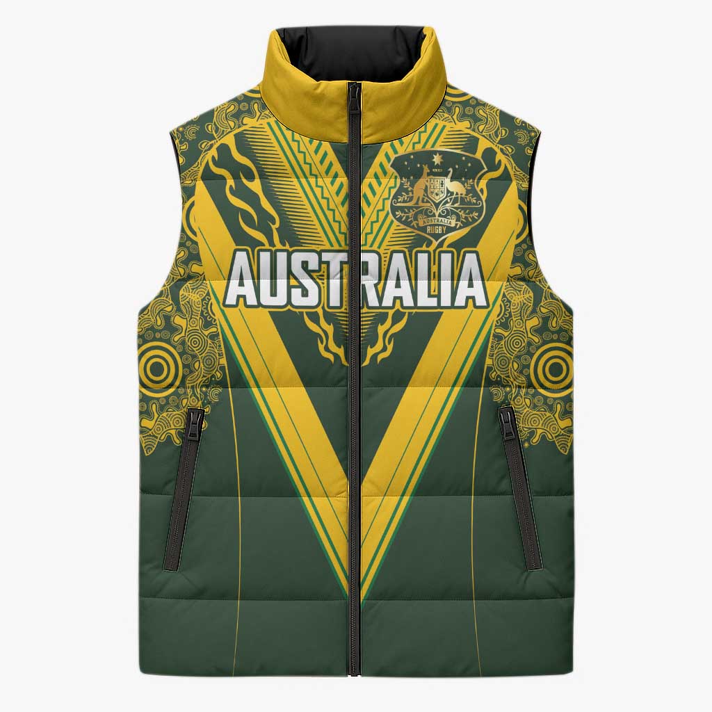 Australia Rugby Custom Sleeveless Puffer Jacket Aboriginal Art Sporty Style LT03 Unisex Green - Polynesian Pride