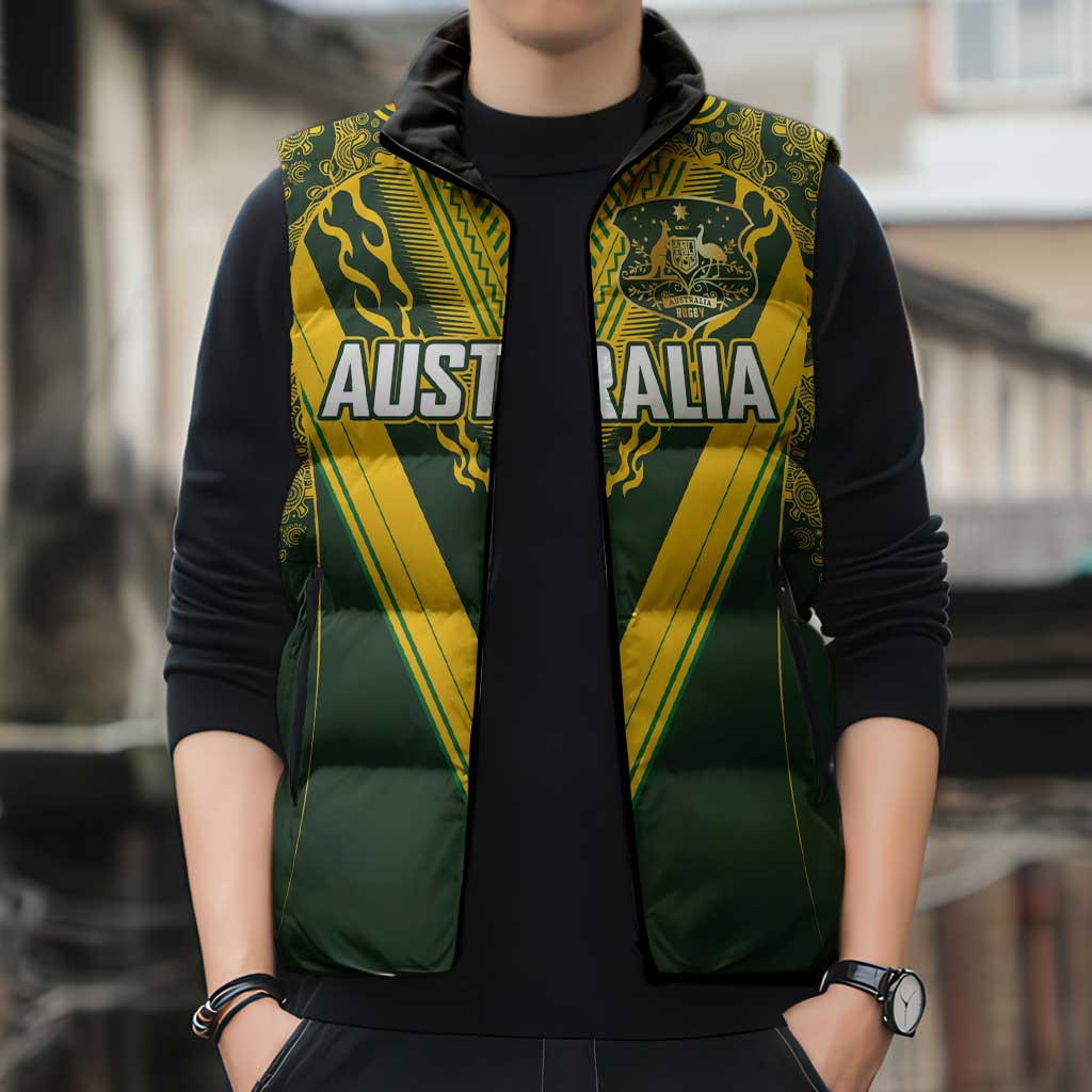 Australia Rugby Custom Sleeveless Puffer Jacket Aboriginal Art Sporty Style LT03 - Polynesian Pride
