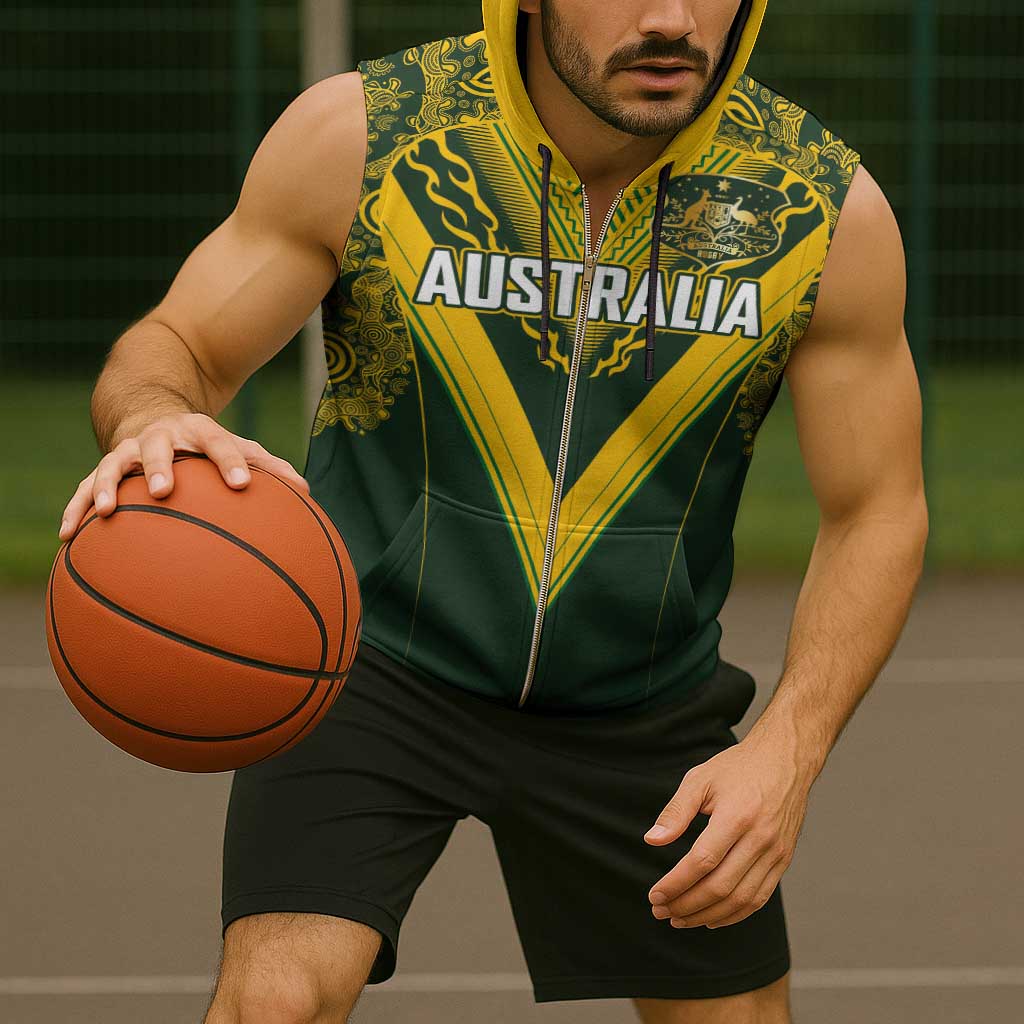 Australia Rugby Custom Sleeveless Zip Hoodie Aboriginal Art Sporty Style - Polynesian Pride