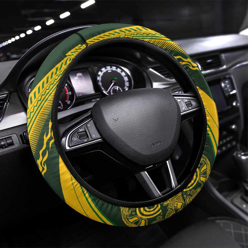 Australia Rugby Steering Wheel Cover Aboriginal Art Sporty Style LT03 Universal Fit Green - Polynesian Pride