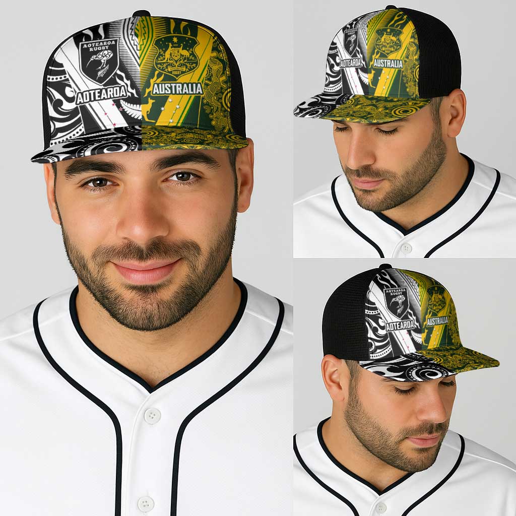 Aotearoa Australia Rugby Baseball Net Cap Maori and Aboriginal Art Sporty Style - Polynesian Pride