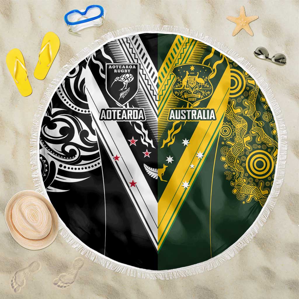 Aotearoa Australia Rugby Beach Blanket Maori and Aboriginal Art Sporty Style LT03 One Size 150cm Green - Polynesian Pride