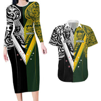 Aotearoa Australia Rugby Custom Couples Matching Long Sleeve Bodycon Dress and Hawaiian Shirt Maori and Aboriginal Art Sporty Style - Polynesian Pride