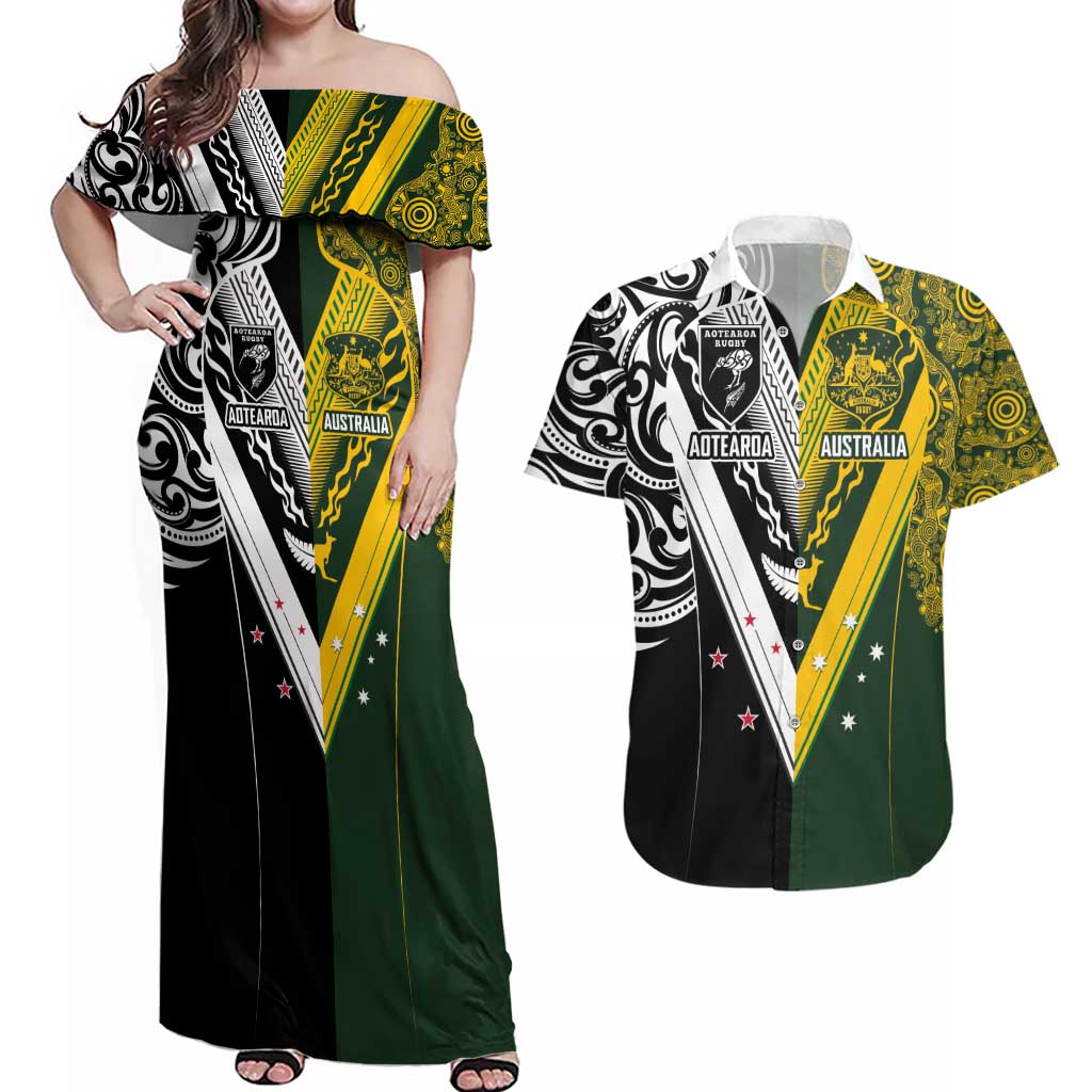 Aotearoa Australia Rugby Custom Couples Matching Off Shoulder Maxi Dress and Hawaiian Shirt Maori and Aboriginal Art Sporty Style - Polynesian Pride