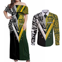 Aotearoa Australia Rugby Custom Couples Matching Off Shoulder Maxi Dress and Long Sleeve Button Shirt Maori and Aboriginal Art Sporty Style - Polynesian Pride
