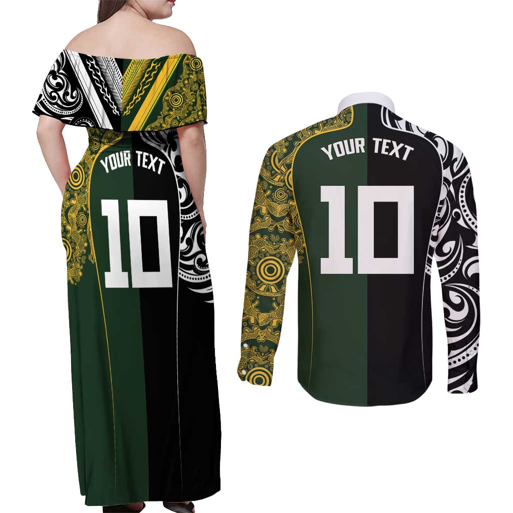 Aotearoa Australia Rugby Custom Couples Matching Off Shoulder Maxi Dress and Long Sleeve Button Shirt Maori and Aboriginal Art Sporty Style - Polynesian Pride