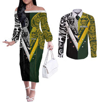Aotearoa Australia Rugby Custom Couples Matching Off The Shoulder Long Sleeve Dress and Long Sleeve Button Shirt Maori and Aboriginal Art Sporty Style - Polynesian Pride