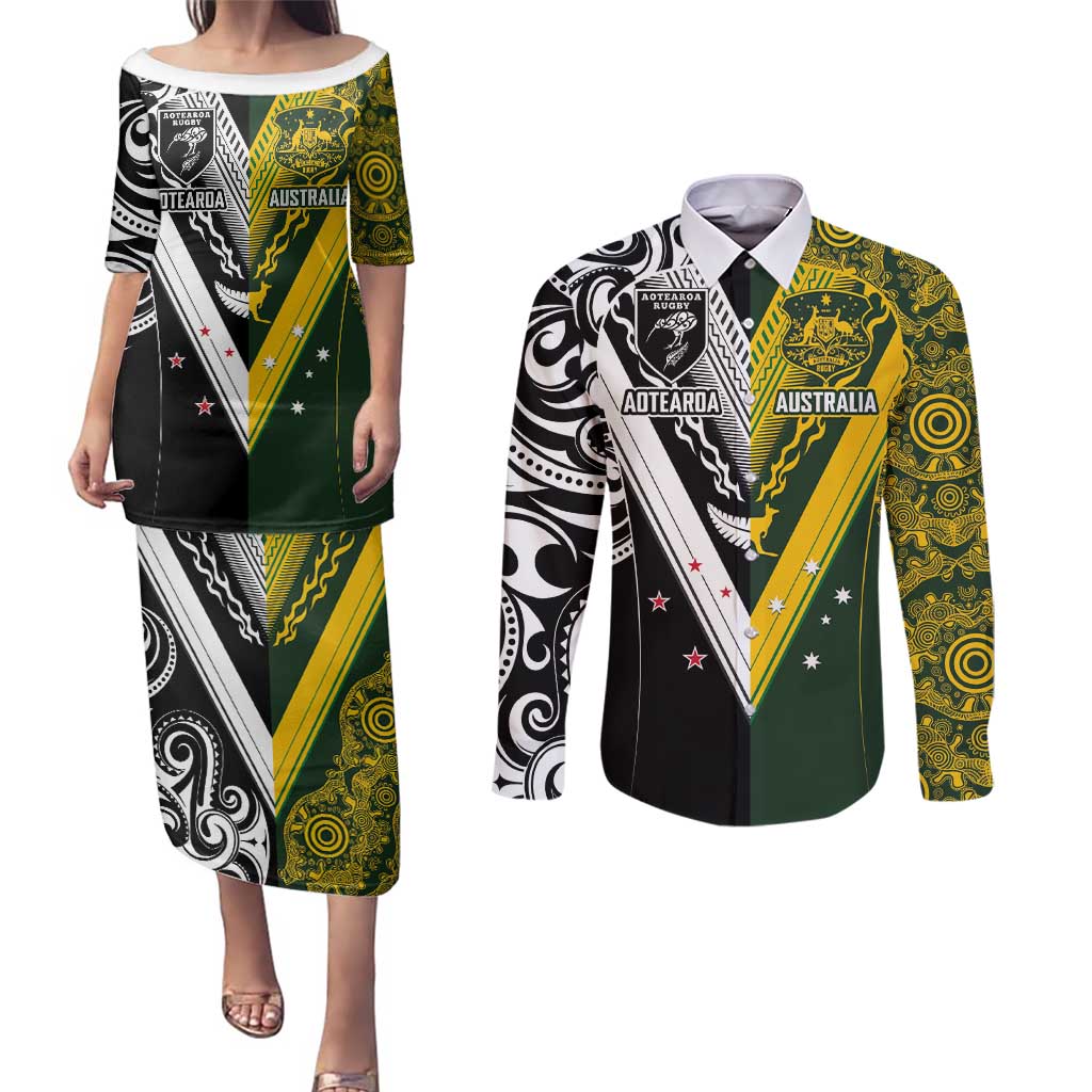 Aotearoa Australia Rugby Custom Couples Matching Puletasi and Long Sleeve Button Shirt Maori and Aboriginal Art Sporty Style - Polynesian Pride