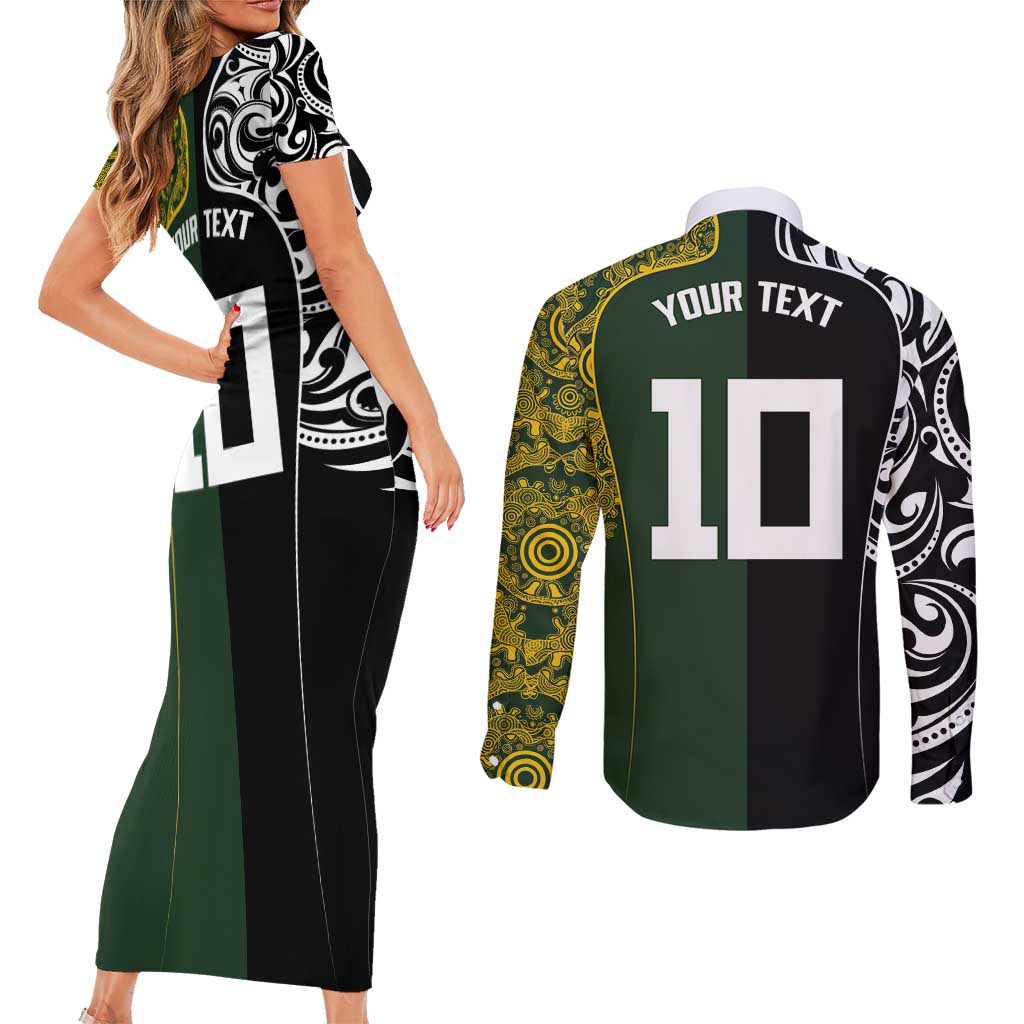Aotearoa Australia Rugby Custom Couples Matching Short Sleeve Bodycon Dress and Long Sleeve Button Shirt Maori and Aboriginal Art Sporty Style - Polynesian Pride