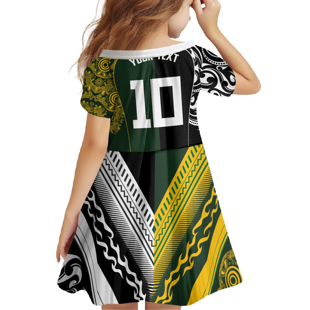 Aotearoa Australia Rugby Custom Family Matching Long Sleeve Bodycon Dress and Hawaiian Shirt Maori and Aboriginal Art Sporty Style - Polynesian Pride