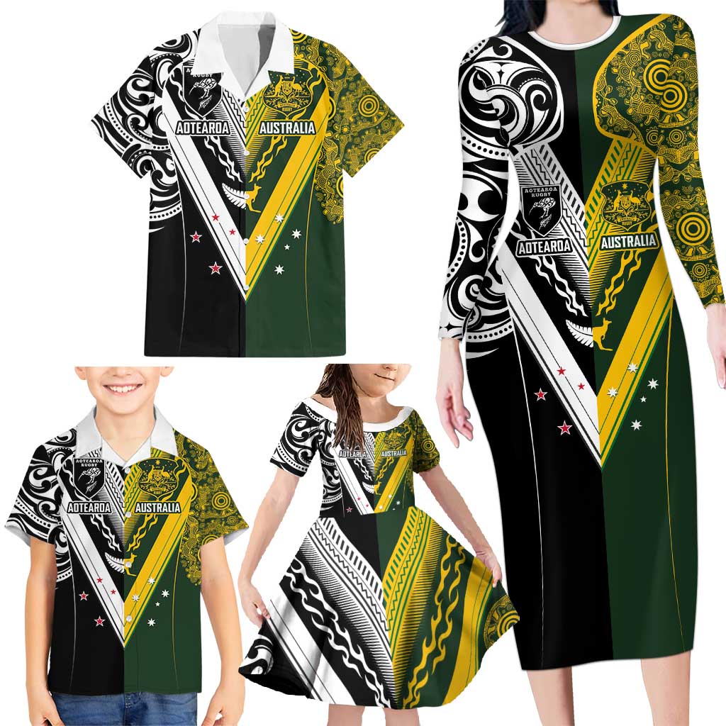 Aotearoa Australia Rugby Custom Family Matching Long Sleeve Bodycon Dress and Hawaiian Shirt Maori and Aboriginal Art Sporty Style - Polynesian Pride
