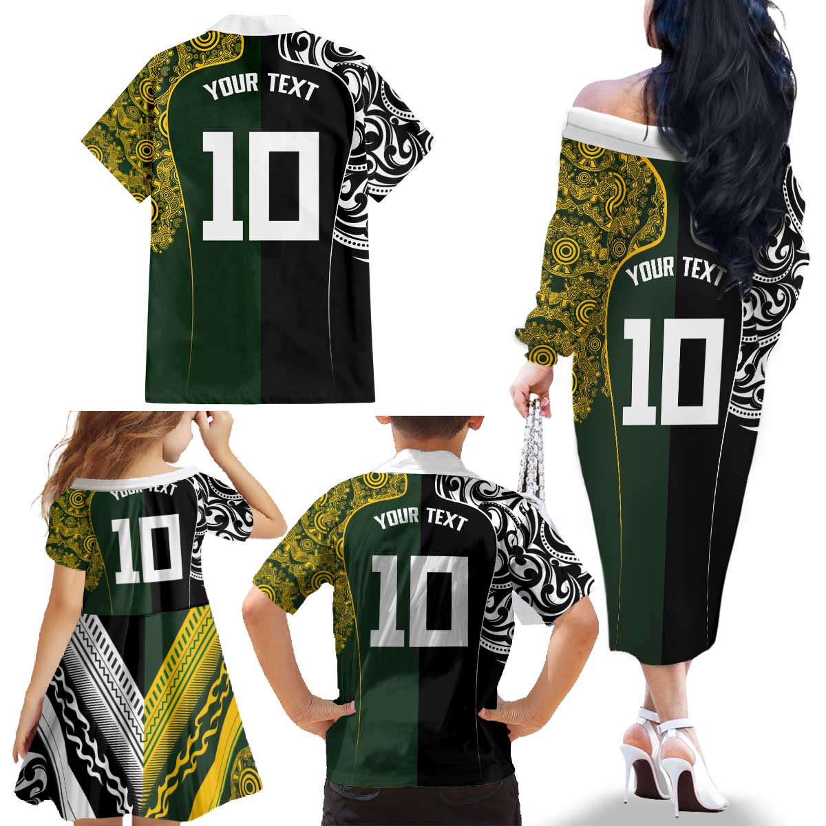 Aotearoa Australia Rugby Custom Family Matching Off The Shoulder Long Sleeve Dress and Hawaiian Shirt Maori and Aboriginal Art Sporty Style - Polynesian Pride