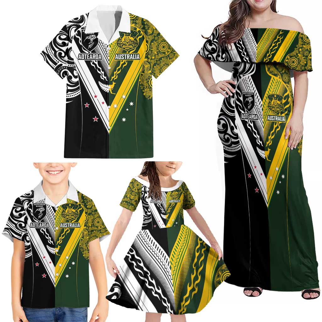 Aotearoa Australia Rugby Custom Family Matching Off Shoulder Maxi Dress and Hawaiian Shirt Maori and Aboriginal Art Sporty Style - Polynesian Pride