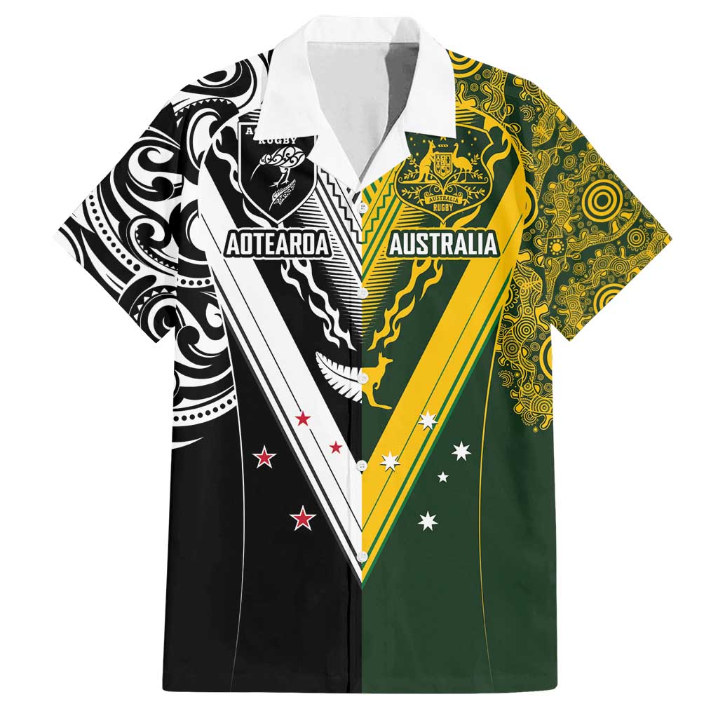 Aotearoa Australia Rugby Custom Family Matching Off Shoulder Short Dress and Hawaiian Shirt Maori and Aboriginal Art Sporty Style - Polynesian Pride