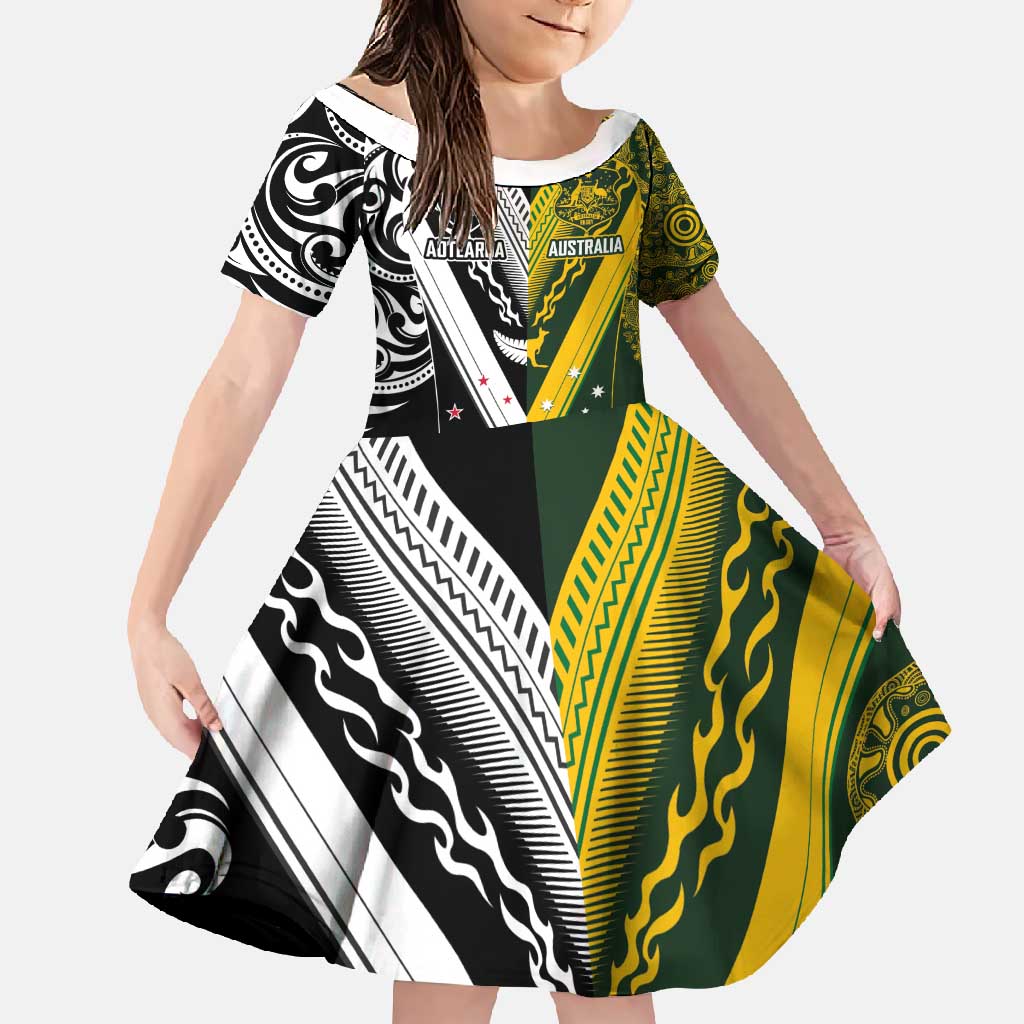 Aotearoa Australia Rugby Custom Family Matching Summer Maxi Dress and Hawaiian Shirt Maori and Aboriginal Art Sporty Style - Polynesian Pride