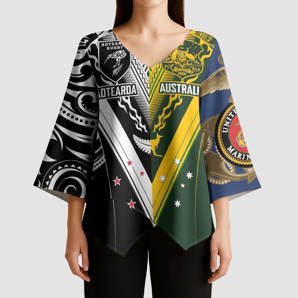 Aotearoa Australia Rugby Custom Kimono Sleeve Blouse Maori and Aboriginal Art Sporty Style - Polynesian Pride