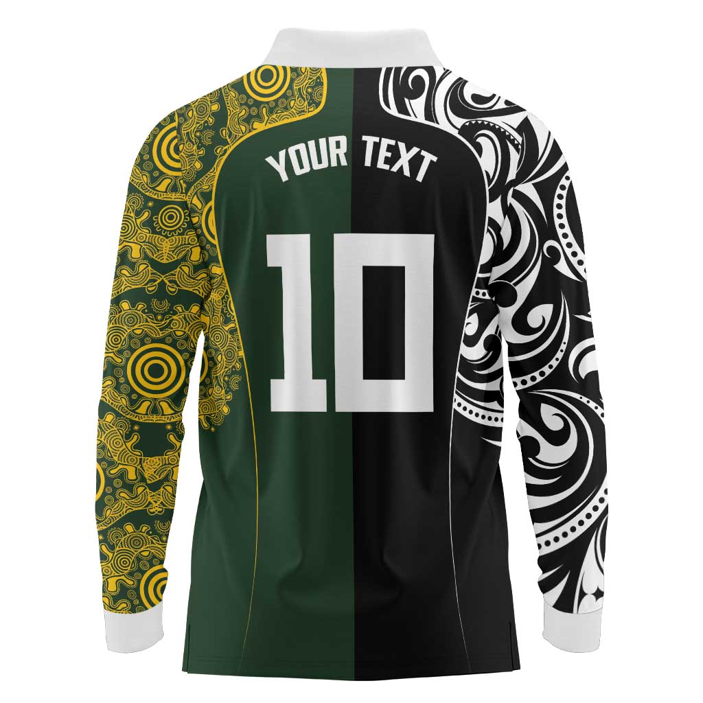 Aotearoa Australia Rugby Custom Long Sleeve Polo Shirt Maori and Aboriginal Art Sporty Style - Polynesian Pride