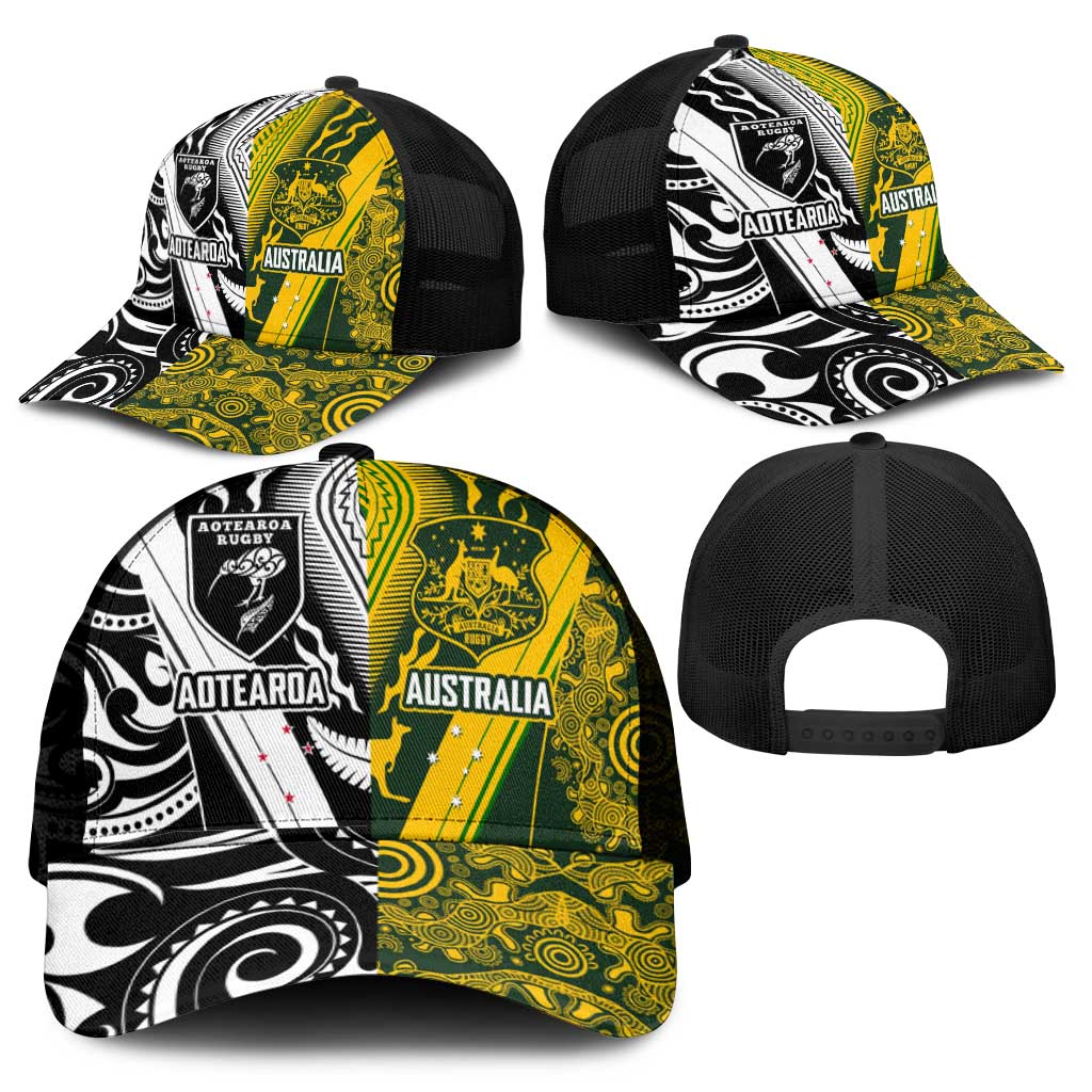 Aotearoa Australia Rugby Mesh Trucker Cap Maori and Aboriginal Art Sporty Style - Polynesian Pride