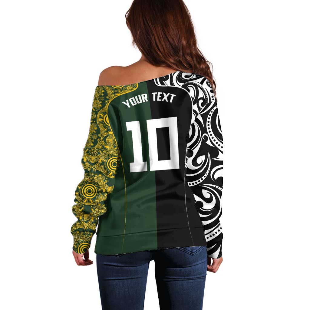 Aotearoa Australia Rugby Custom Off Shoulder Sweater Maori and Aboriginal Art Sporty Style - Polynesian Pride