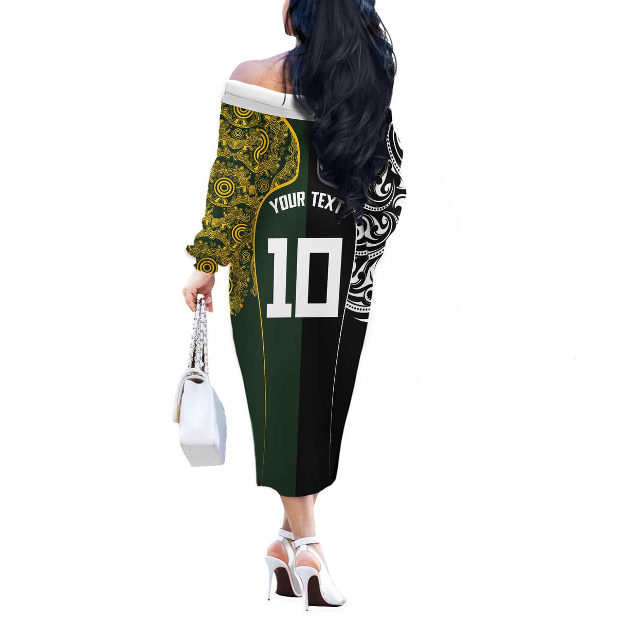 Aotearoa Australia Rugby Custom Off The Shoulder Long Sleeve Dress Maori and Aboriginal Art Sporty Style - Polynesian Pride