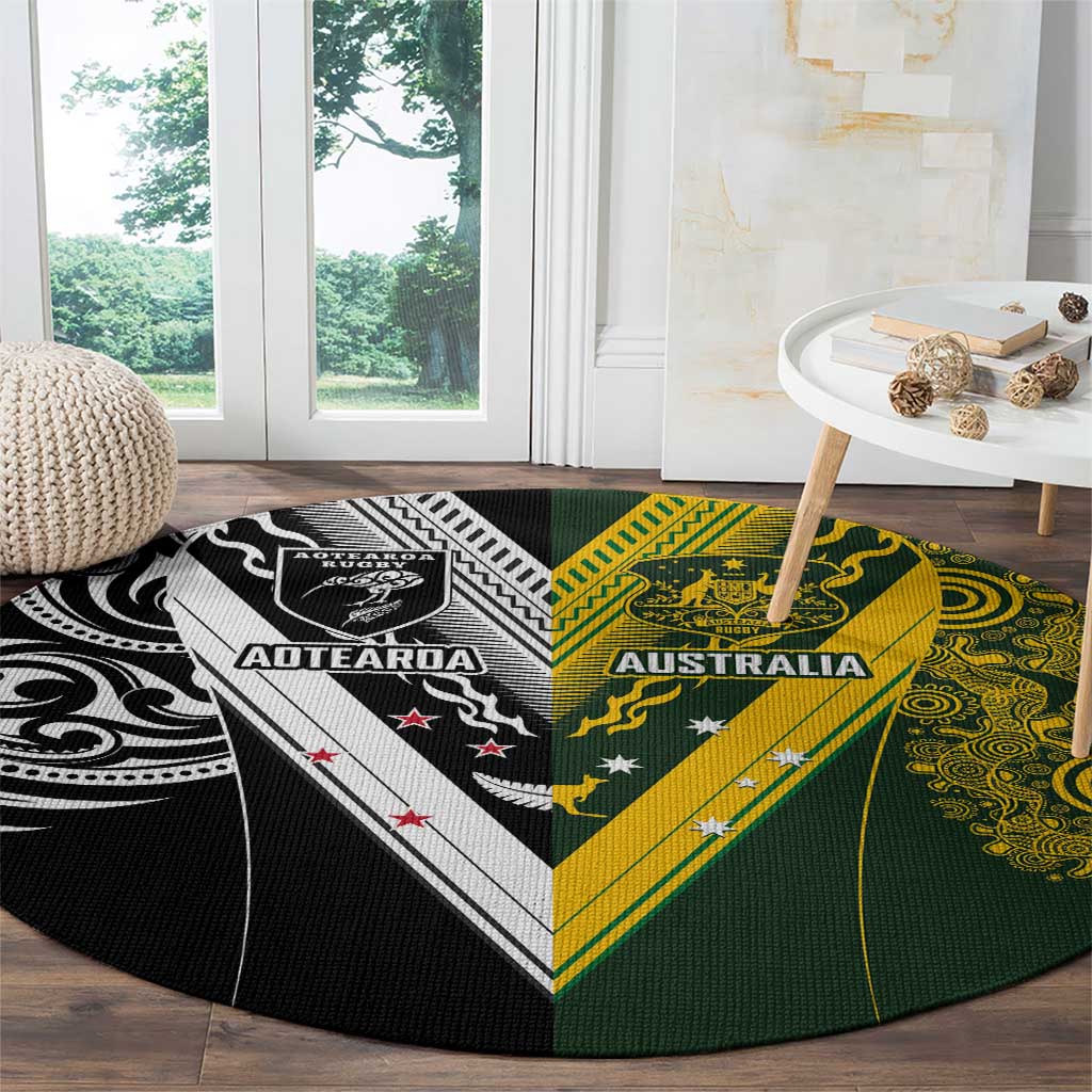 Aotearoa Australia Rugby Round Carpet Maori and Aboriginal Art Sporty Style - Polynesian Pride