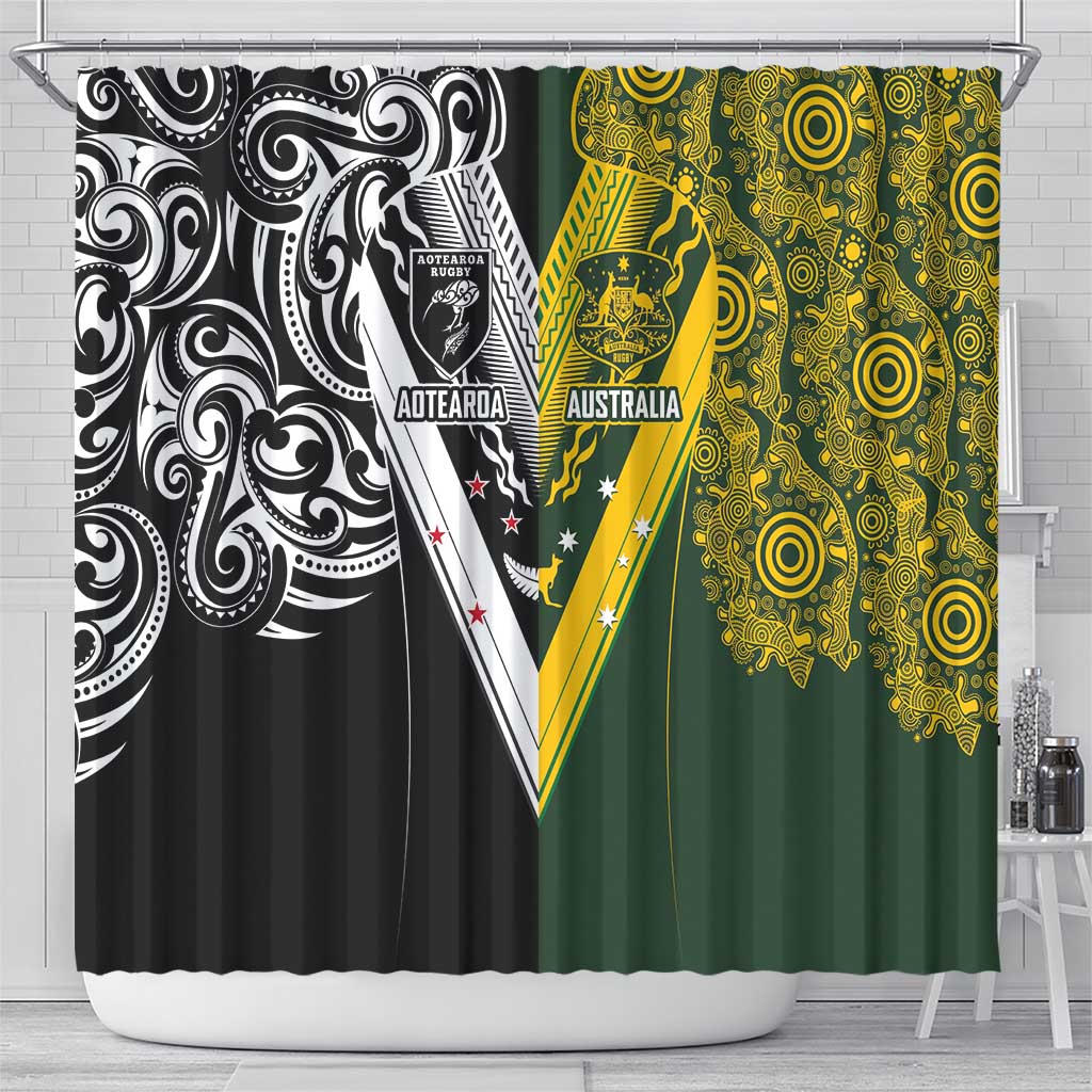 Aotearoa Australia Rugby Shower Curtain Maori and Aboriginal Art Sporty Style - Polynesian Pride