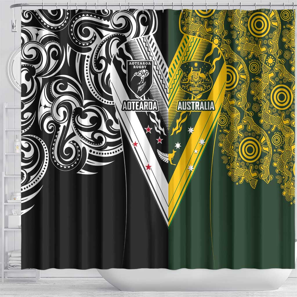 Aotearoa Australia Rugby Shower Curtain Maori and Aboriginal Art Sporty Style - Polynesian Pride