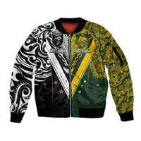 Aotearoa Australia Rugby Custom Sleeve Zip Bomber Jacket Maori and Aboriginal Art Sporty Style - Polynesian Pride