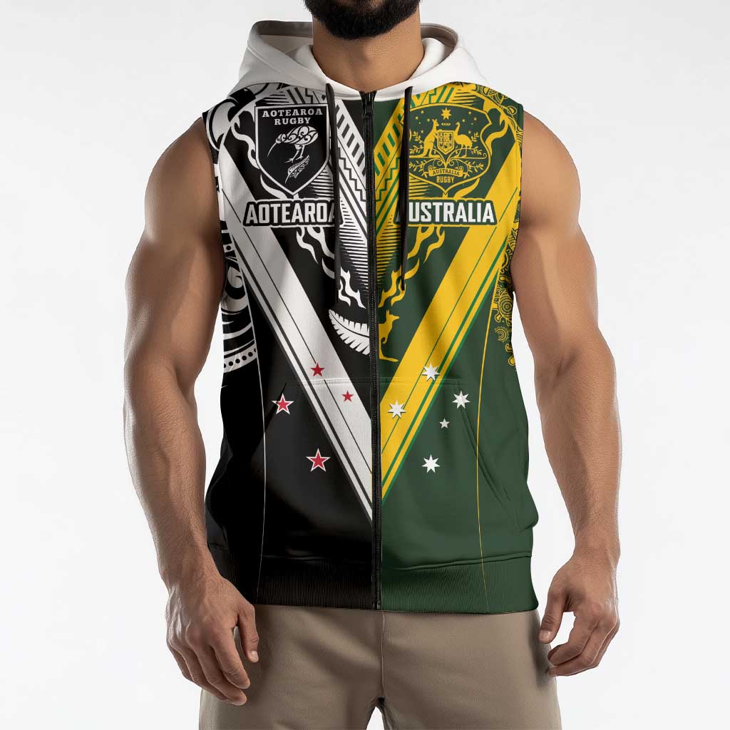Aotearoa Australia Rugby Custom Sleeveless Zip Hoodie Maori and Aboriginal Art Sporty Style LT03
