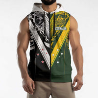 Aotearoa Australia Rugby Custom Sleeveless Zip Hoodie Maori and Aboriginal Art Sporty Style LT03
