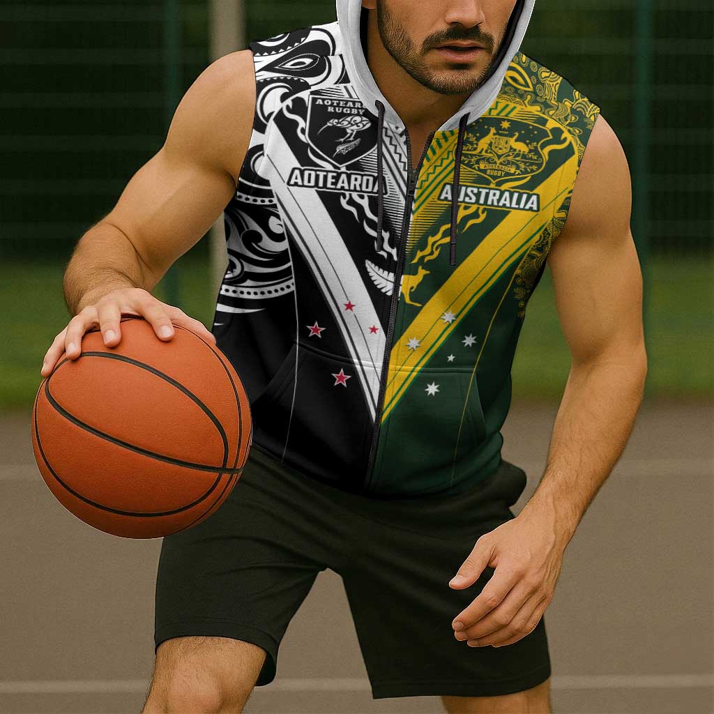 Aotearoa Australia Rugby Custom Sleeveless Zip Hoodie Maori and Aboriginal Art Sporty Style LT03