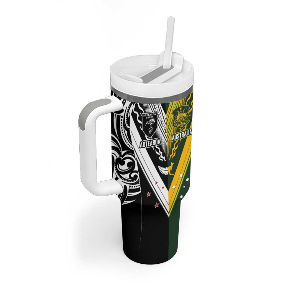 Aotearoa Australia Rugby Custom Tumbler With Handle Maori and Aboriginal Art Sporty Style - Polynesian Pride