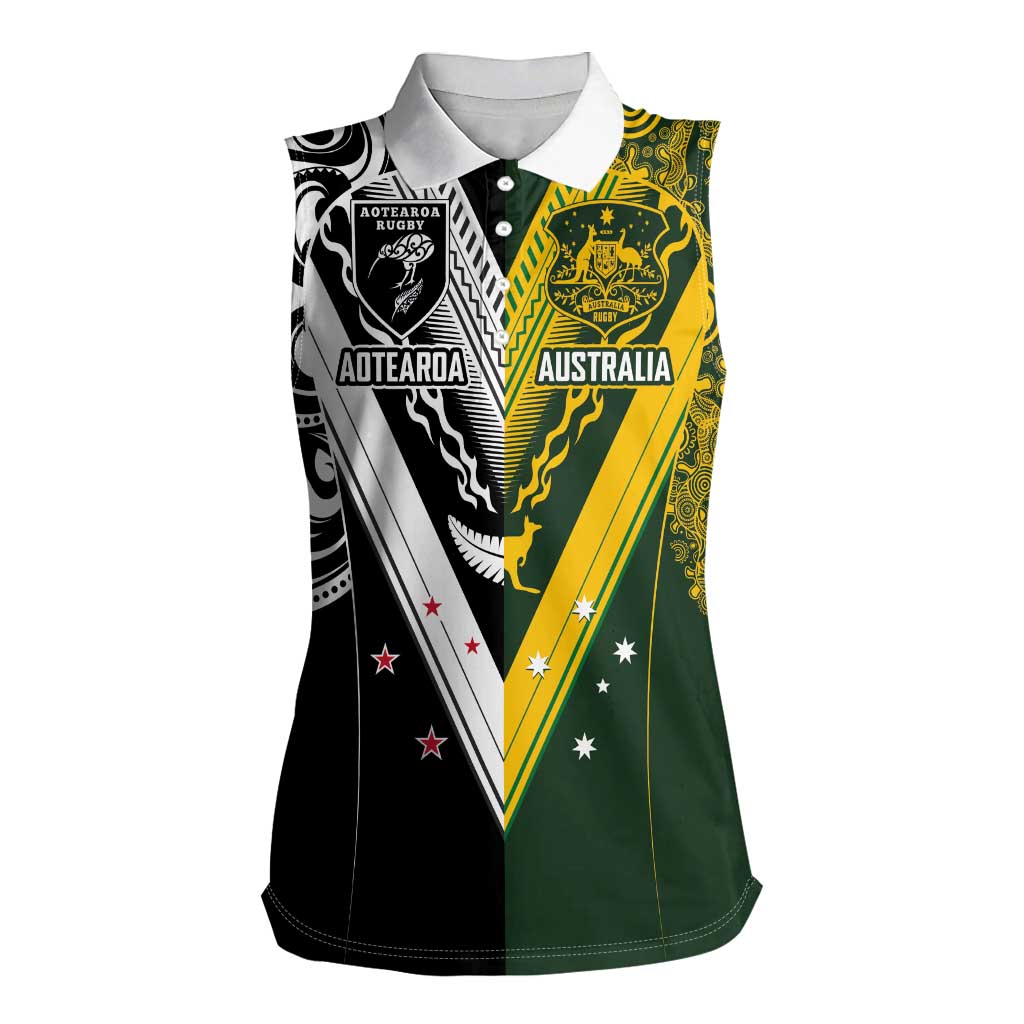 Aotearoa Australia Rugby Custom Women Sleeveless Polo Shirt Maori and Aboriginal Art Sporty Style - Polynesian Pride
