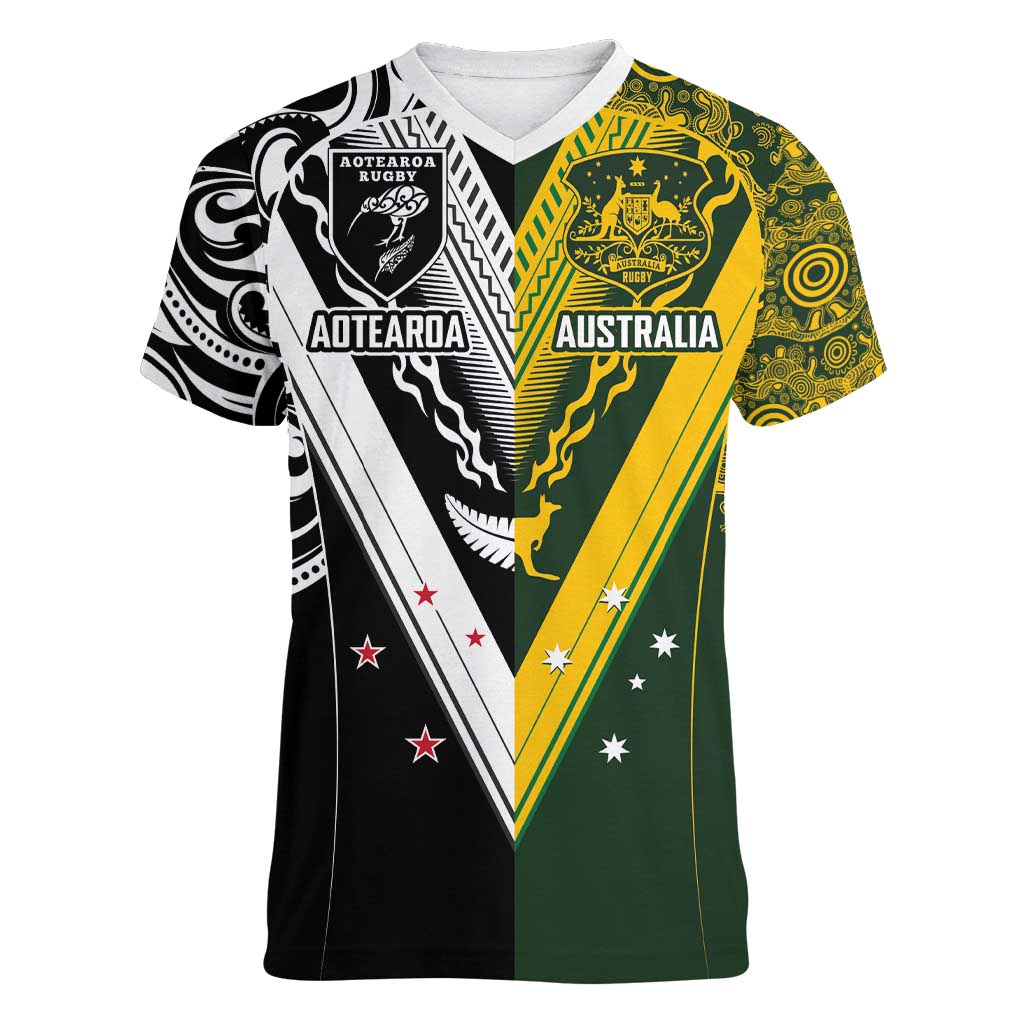 Aotearoa Australia Rugby Custom Women V-Neck T-Shirt Maori and Aboriginal Art Sporty Style - Polynesian Pride