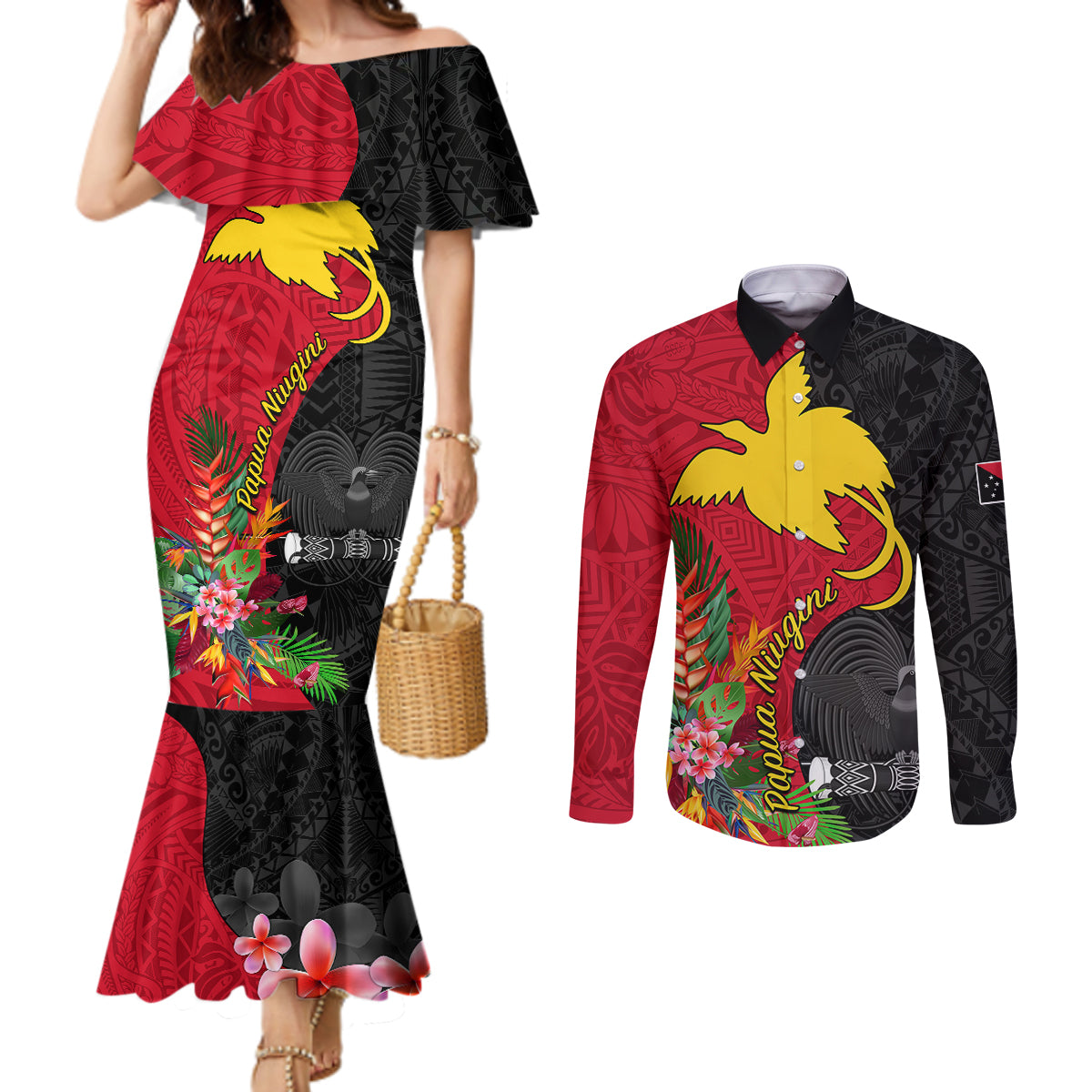 Papua New Guinea Couples Matching Mermaid Dress and Long Sleeve Button Shirts Birds Of Paradise Mix Tropical Flower Polynesian Pattern LT03 Red - Polynesian Pride