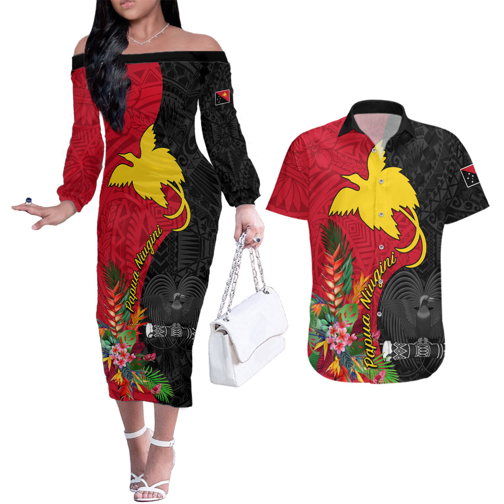 Papua New Guinea Couples Matching Off The Shoulder Long Sleeve Dress and Hawaiian Shirt Birds Of Paradise Mix Tropical Flower Polynesian Pattern LT03 Red - Polynesian Pride