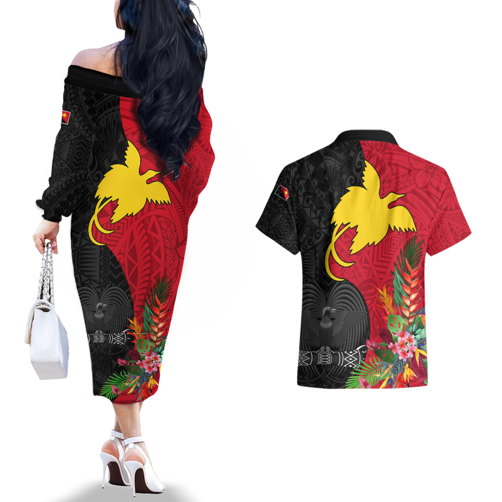 Papua New Guinea Couples Matching Off The Shoulder Long Sleeve Dress and Hawaiian Shirt Birds Of Paradise Mix Tropical Flower Polynesian Pattern LT03 - Polynesian Pride