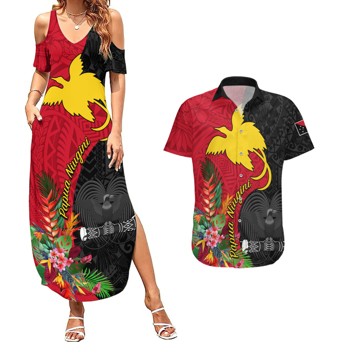 Papua New Guinea Couples Matching Summer Maxi Dress and Hawaiian Shirt Birds Of Paradise Mix Tropical Flower Polynesian Pattern LT03 Red - Polynesian Pride