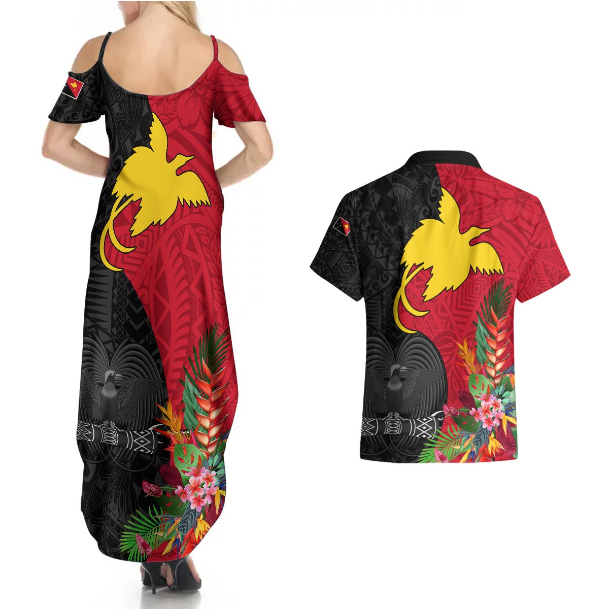 Papua New Guinea Couples Matching Summer Maxi Dress and Hawaiian Shirt Birds Of Paradise Mix Tropical Flower Polynesian Pattern LT03 - Polynesian Pride
