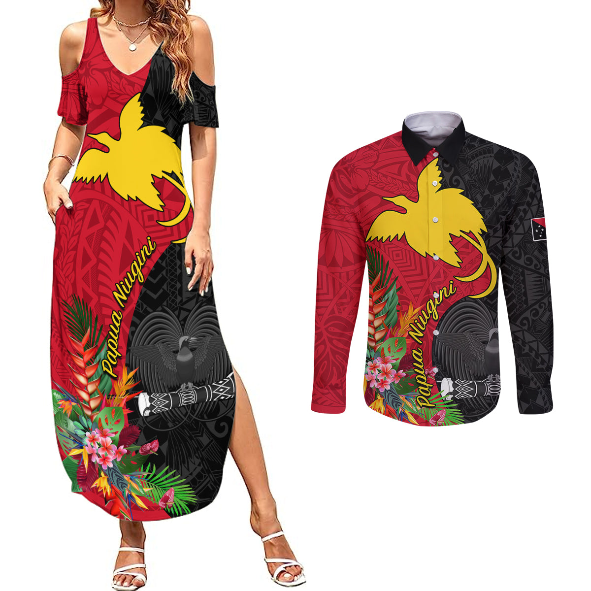 Papua New Guinea Couples Matching Summer Maxi Dress and Long Sleeve Button Shirts Birds Of Paradise Mix Tropical Flower Polynesian Pattern LT03 Red - Polynesian Pride