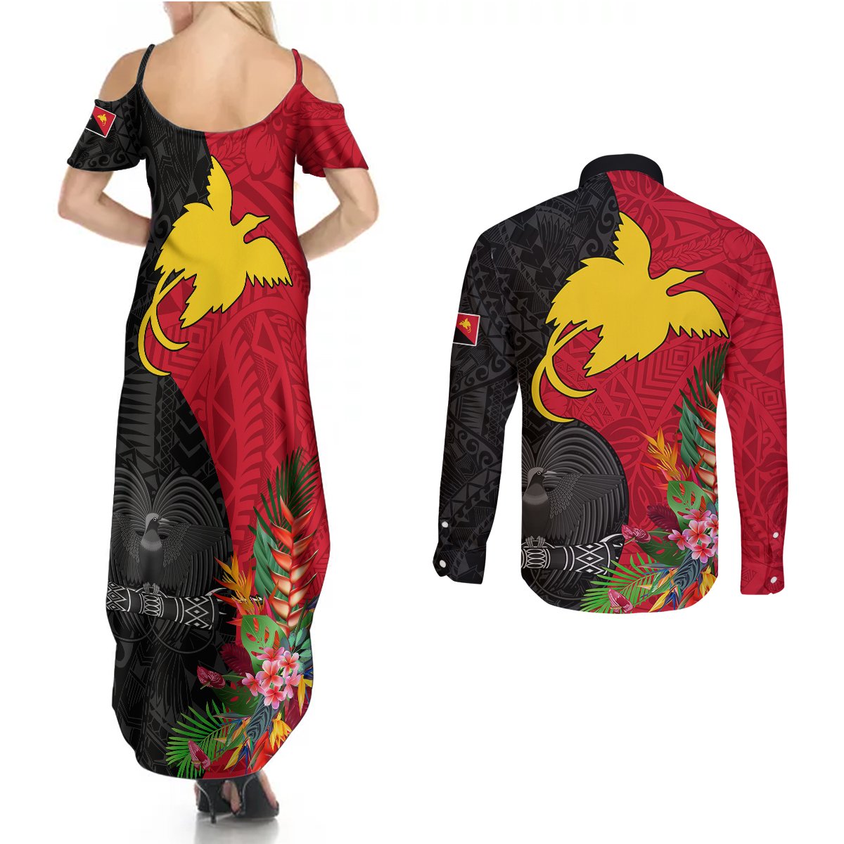 Papua New Guinea Couples Matching Summer Maxi Dress and Long Sleeve Button Shirts Birds Of Paradise Mix Tropical Flower Polynesian Pattern LT03 - Polynesian Pride