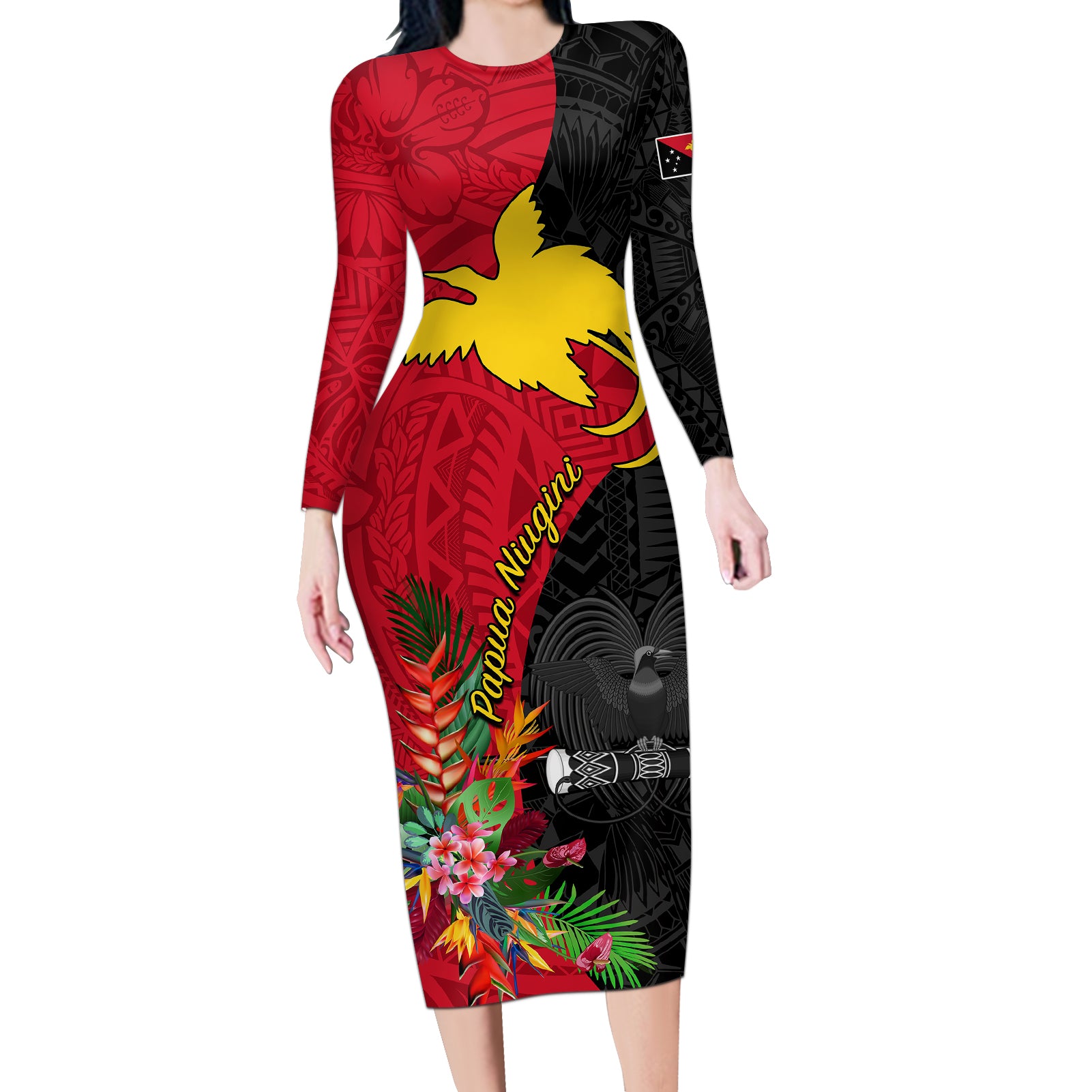 Papua New Guinea Long Sleeve Bodycon Dress Birds Of Paradise Mix Tropical Flower Polynesian Pattern LT03 Long Dress Red - Polynesian Pride