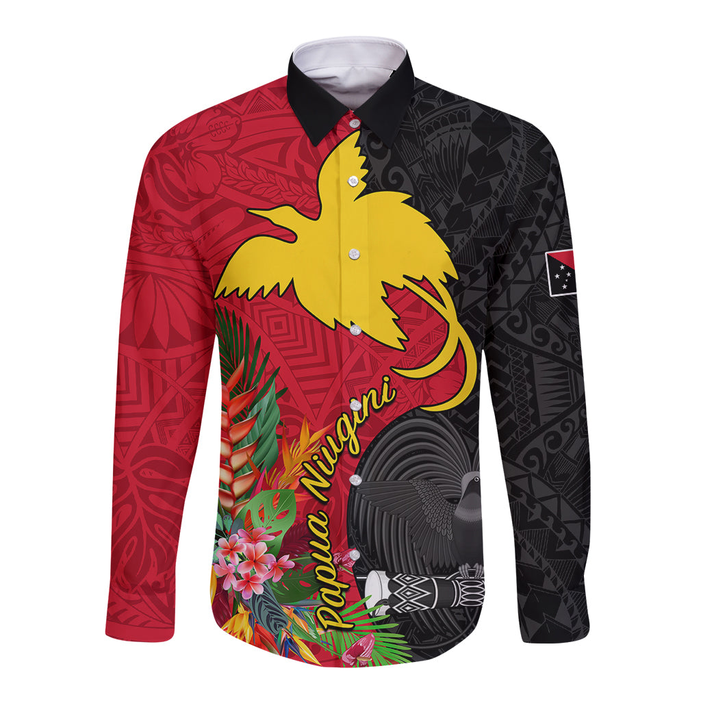 Papua New Guinea Long Sleeve Button Shirt Birds Of Paradise Mix Tropical Flower Polynesian Pattern LT03 Unisex Red - Polynesian Pride