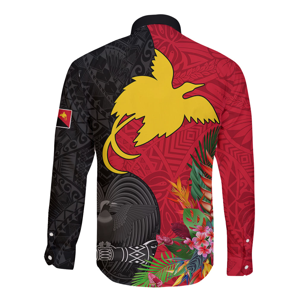 Papua New Guinea Long Sleeve Button Shirt Birds Of Paradise Mix Tropical Flower Polynesian Pattern LT03 - Polynesian Pride